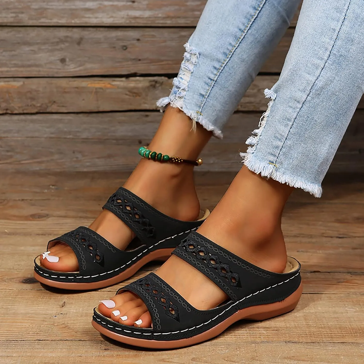 Women Wedge Platform Sandals Open Toe Slip On Boho Sandal Two Strap Summer Casual Slides Rubber Sole Beach Shoes