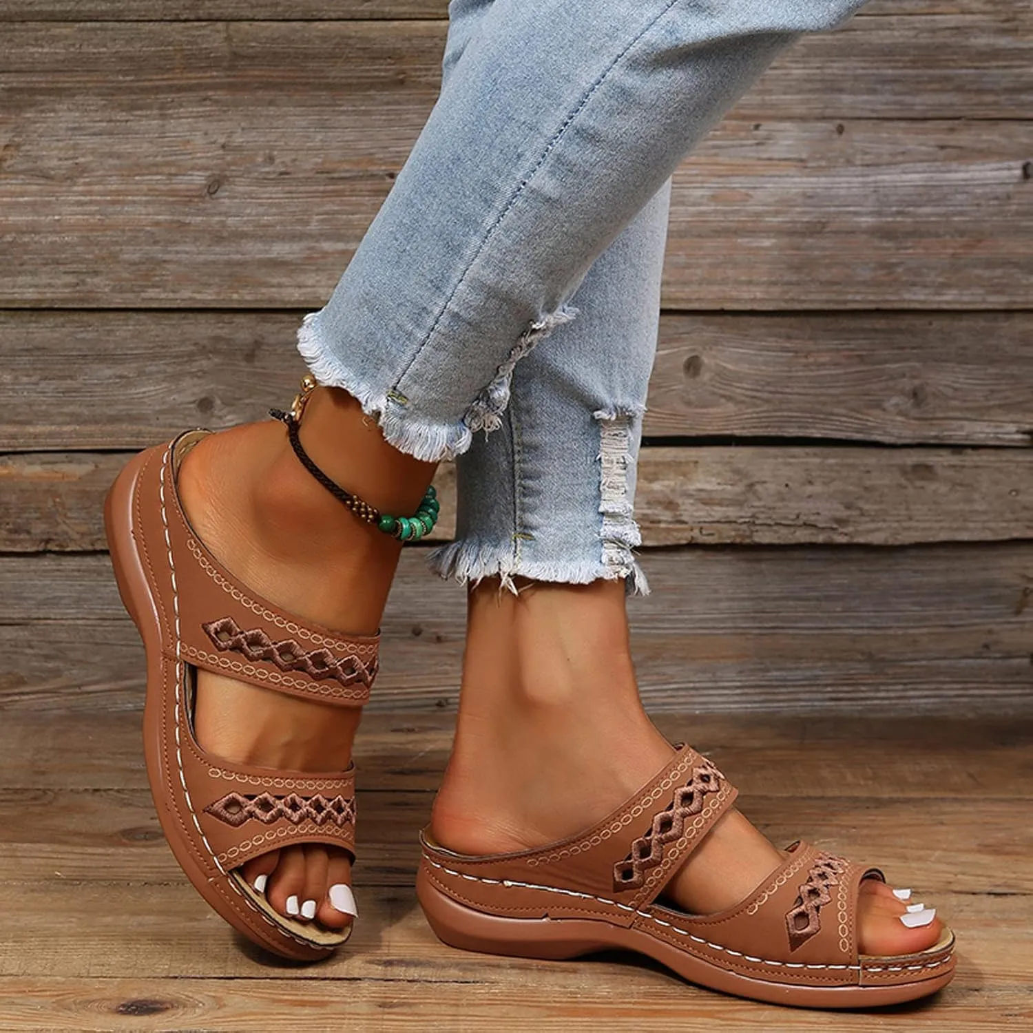 Women Wedge Platform Sandals Open Toe Slip On Boho Sandal Two Strap Summer Casual Slides Rubber Sole Beach Shoes