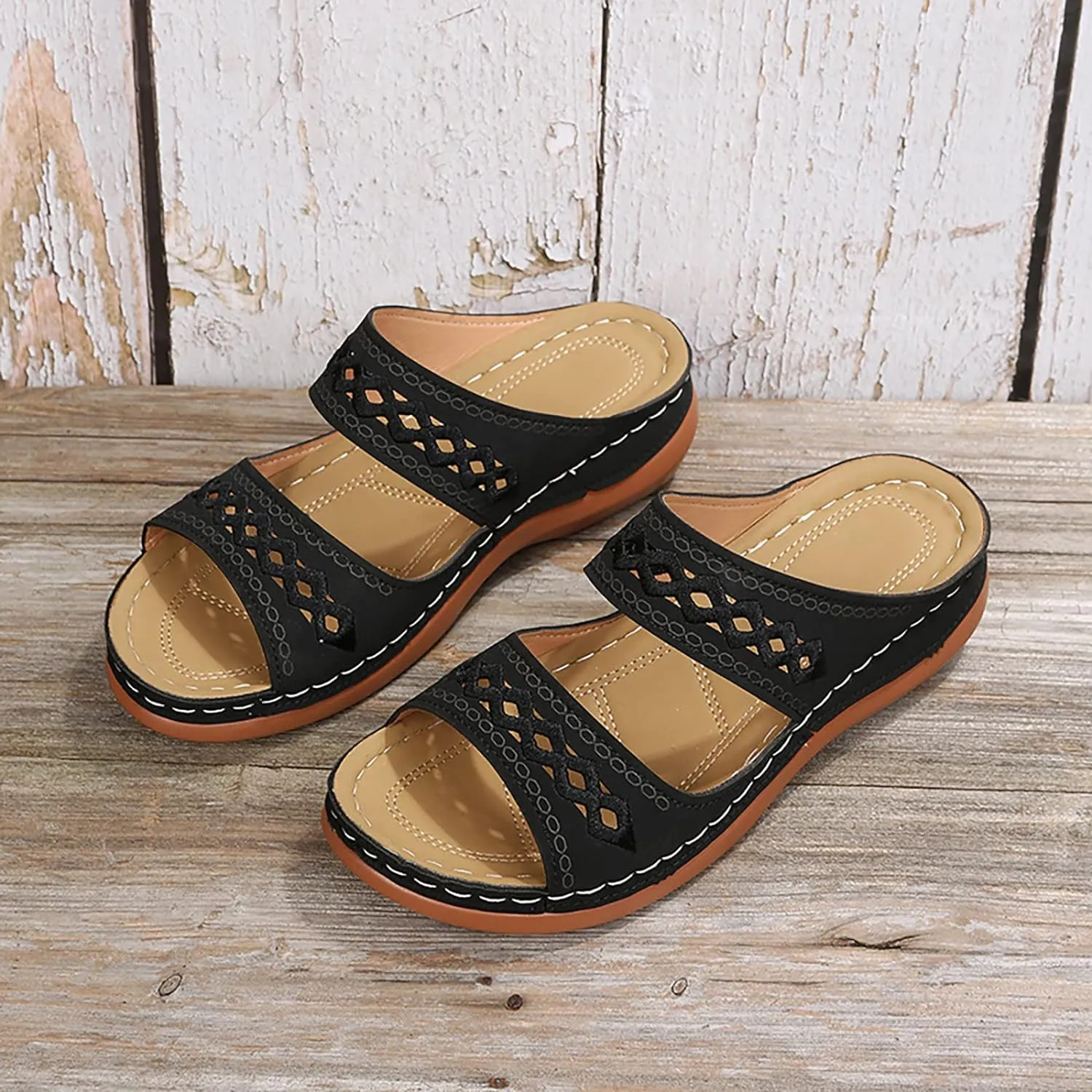 Women Wedge Platform Sandals Open Toe Slip On Boho Sandal Two Strap Summer Casual Slides Rubber Sole Beach Shoes
