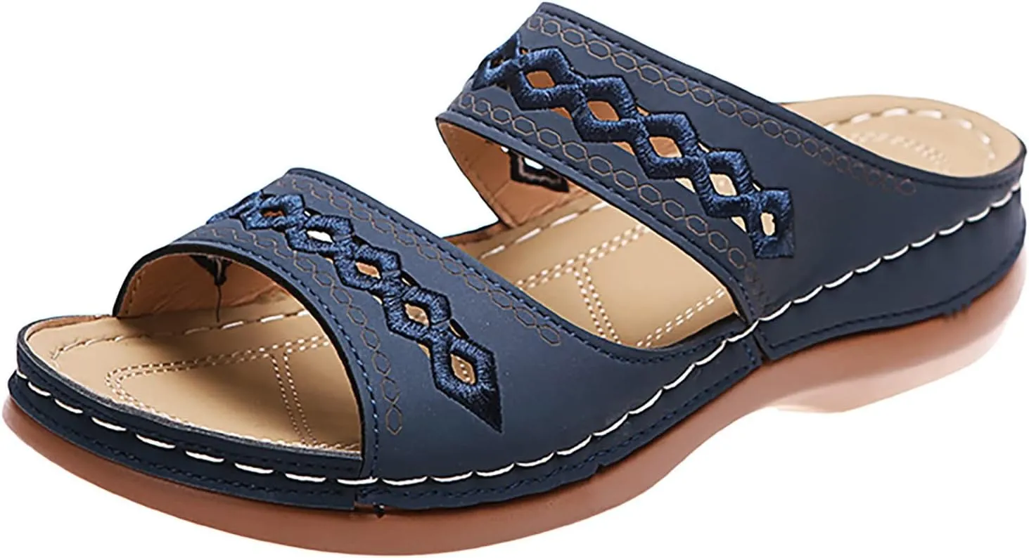 Women Wedge Platform Sandals Open Toe Slip On Boho Sandal Two Strap Summer Casual Slides Rubber Sole Beach Shoes