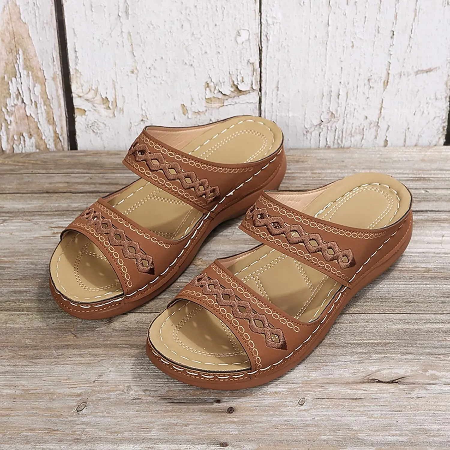 Women Wedge Platform Sandals Open Toe Slip On Boho Sandal Two Strap Summer Casual Slides Rubber Sole Beach Shoes